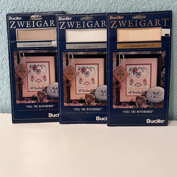 Package of 3 Zweigart 25 Count Cross Stitch Linen (White, Mushroom Cream) - Picture 1 of 5